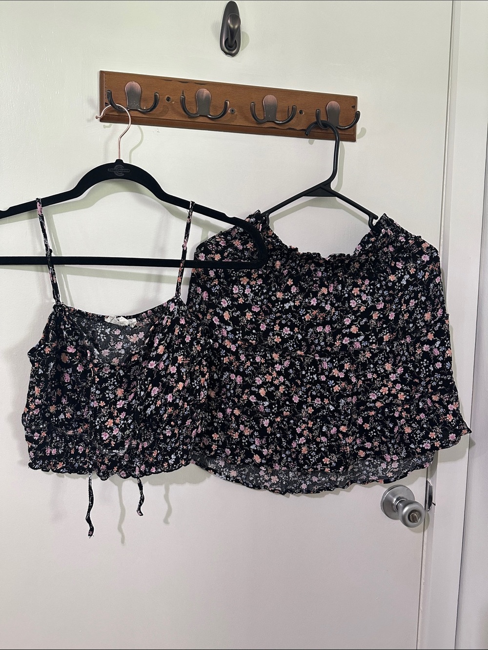 Hippie Rose Black Floral Smocked Crop Top with Pink Accents